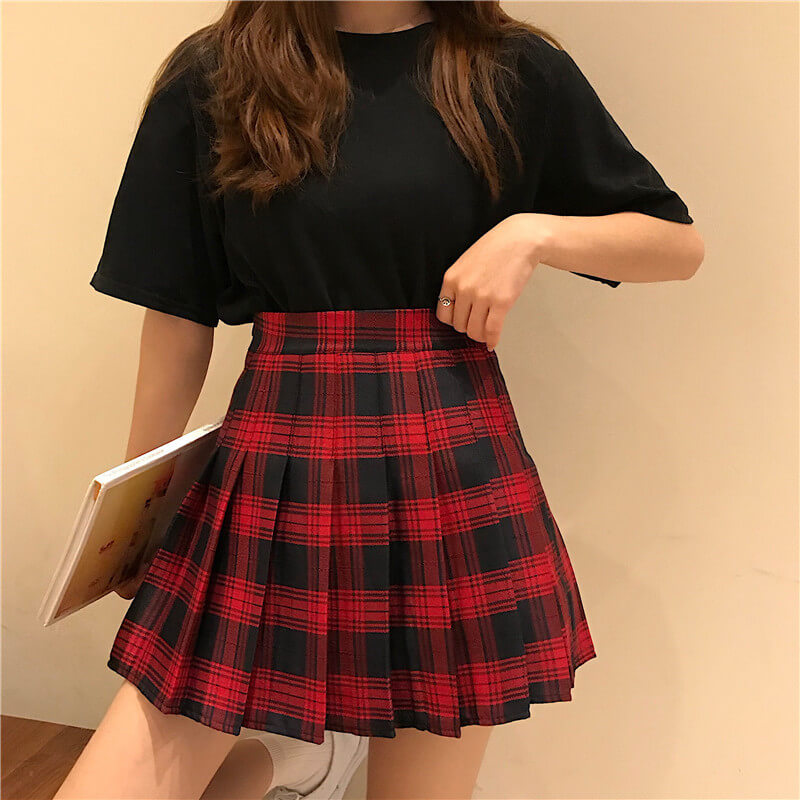 Plus size] Gothic wine plaid A-line pleated skirt – Cutiekill