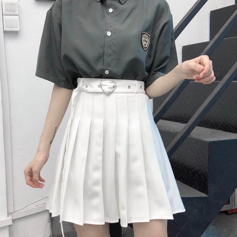 Plus size] Love heart buckle belt A-line pleated skirt – Cutiekill
