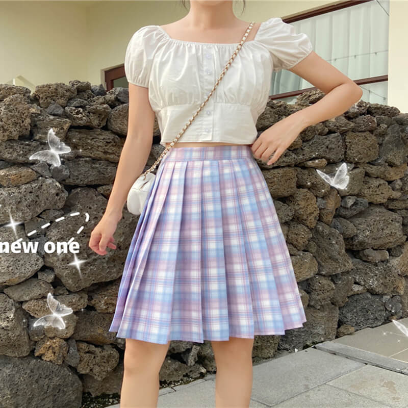 Plus size Soft pink blue plaid medium A line pleated skirt Cutiekill