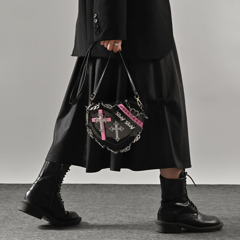 Y2K Black Pink Color Shoulder Bag for Women Cross Heart Pattern